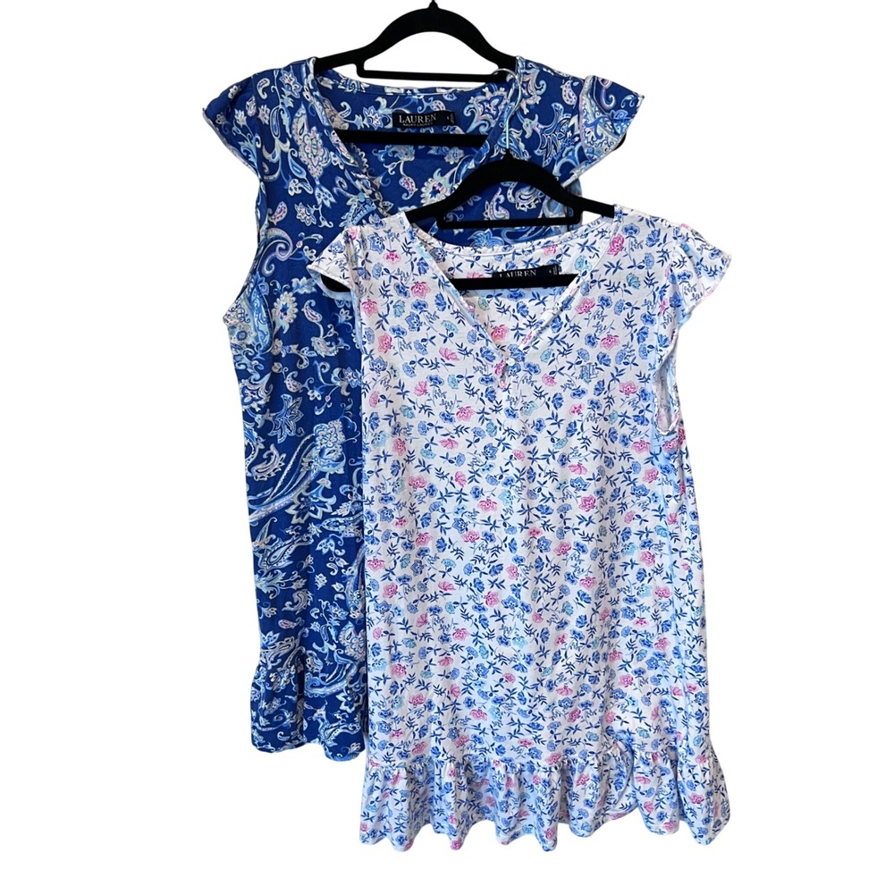 Ralph Lauren 2Pk Summer Nightgowns Blue Paisley Floral Ruffle Size Small